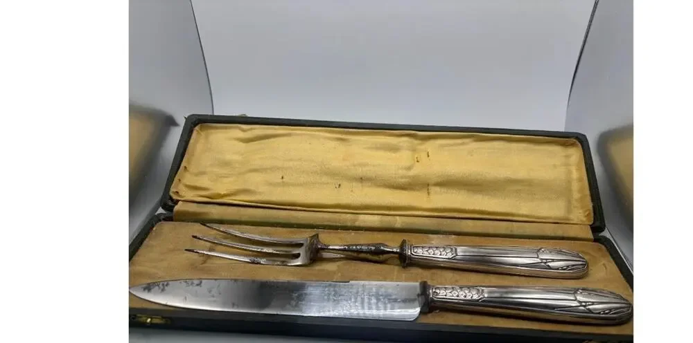 Antique Art Nouveau Silverplate Carving Set Knife Fork Fitted Silk Lined Case
